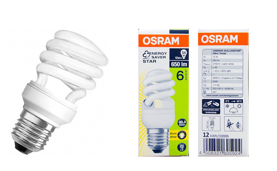 OSRAM DULUX TWIST 12W/865 E14 ENERGY SAVER - Slim daylight twist compact fluorescent lamp with E14 base, energy-efficient and delivering clear light for narrow fixtures and decorative use